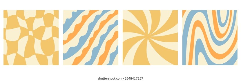 Twisted distorted wavy pattern set, retro 70s groovy banner backgrounds collection, vector illustration. Geometric wallpaper backdrop. Hippie style abstract website page template