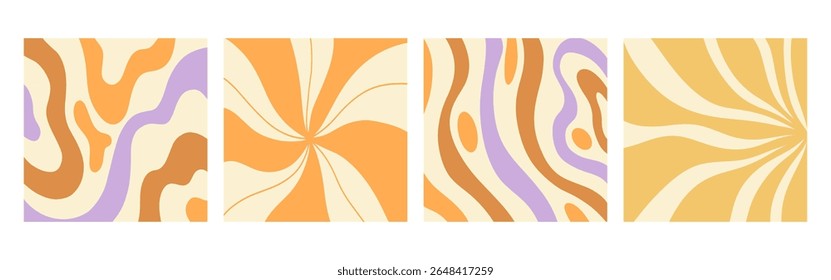 Twisted distorted wavy pattern set, retro 70s groovy banner backgrounds collection, vector illustration. Geometric wallpaper backdrop. Hippie style abstract website page template