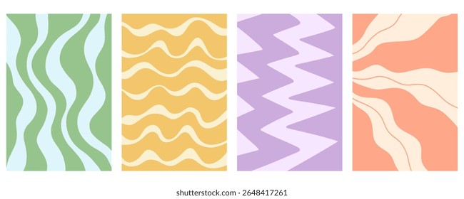 Twisted distorted wavy pattern set, retro 70s groovy banner backgrounds collection, vector illustration. Geometric wallpaper backdrop. Hippie style abstract website page template