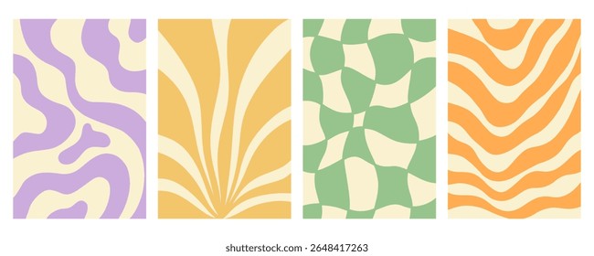 Twisted distorted wavy pattern set, retro 70s groovy banner backgrounds collection, vector illustration. Geometric wallpaper backdrop. Hippie style abstract website page template
