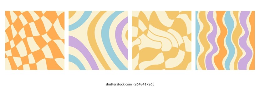 Twisted distorted wavy pattern set, retro 70s groovy banner backgrounds collection, vector illustration. Geometric wallpaper backdrop. Hippie style abstract website page template