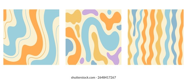 Twisted distorted wavy pattern set, retro 70s groovy banner backgrounds collection, vector illustration. Geometric wallpaper backdrop. Hippie style abstract website page template