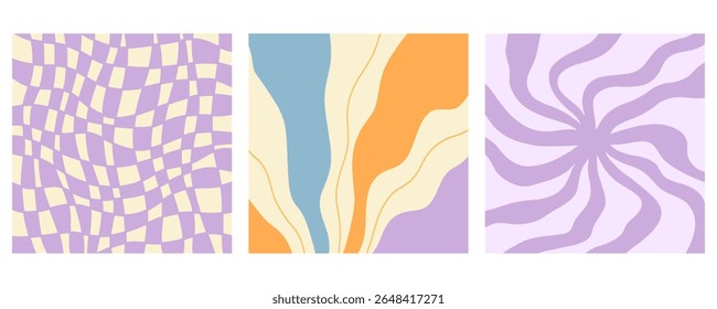Twisted distorted wavy pattern set, retro 70s groovy banner backgrounds collection, vector illustration. Geometric wallpaper backdrop. Hippie style abstract website page template