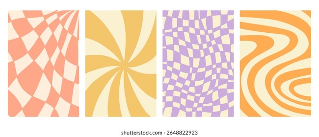Twisted distorted wavy pattern set, retro 70s groovy banner backgrounds collection, vector illustration. Geometric wallpaper backdrop. Hippie style abstract website page template
