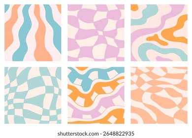 Twisted distorted wavy pattern set, retro 70s groovy banner backgrounds collection, vector illustration. Geometric wallpaper backdrop. Hippie style abstract website page template