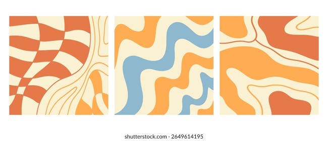 Twisted distorted wavy pattern set, retro 70s groovy banner backgrounds collection, vector illustration. Geometric wallpaper backdrop. Hippie style abstract website page template