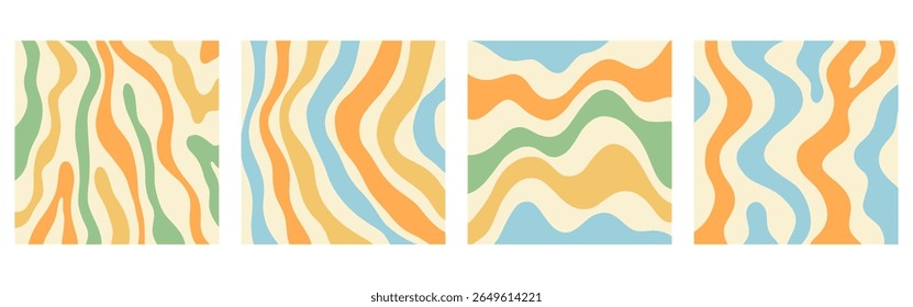 Twisted distorted wavy pattern set, retro 70s groovy banner backgrounds collection, vector illustration. Geometric wallpaper backdrop. Hippie style abstract website page template