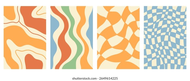 Twisted distorted wavy pattern set, retro 70s groovy banner backgrounds collection, vector illustration. Geometric wallpaper backdrop. Hippie style abstract website page template