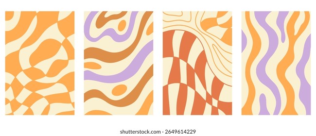 Twisted distorted wavy pattern set, retro 70s groovy banner backgrounds collection, vector illustration. Geometric wallpaper backdrop. Hippie style abstract website page template