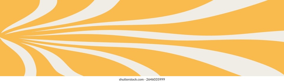 Twisted distorted yellow rays retro 70s groovy banner background, vector illustration. Geometric wavy backdrop. Hippie style abstract website page template