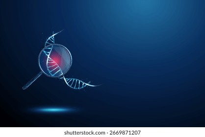 Hélice de DNA torcida sob uma lente de aumento com um ponto vermelho. Testes genéticos, engenharia, mutação, doenças, farmacogenômica, conceito de medicina personalizada. Estilo digital wireframe de baixo poli. Vetor.