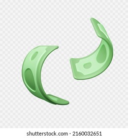 Twisted Dollar Bill. Green 3d render american money. Dollar banknote in cartoon style. Vector illustration isolated on transparent background