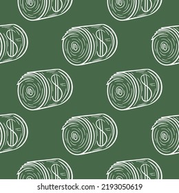 Twisted dollars silhouette seamless pattern. Green background with cash. Print finance and income. Simple sketch hand engraving banknote vector illustration