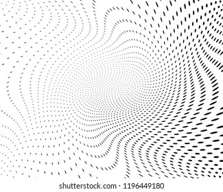 Twisted dotted lines background. Pattern of dots, dotted lines, circles of different scale. Digital Gradient. Pop-art style. Grunge Backdrop. Modern futuristic Abstract panel. Vector illustration