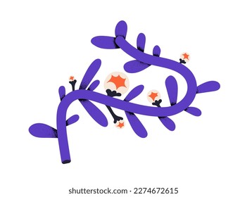 Twisted flower branch with blossomed buds. Abstract whimsical fantastic floral plant with leaf. Fairy exotic stylized blooms, leaves on bent stem. Flat vector illustration isolated on white background