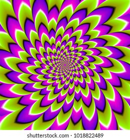 Twisted flower with green, pink and purple spirals. Motion illusion.