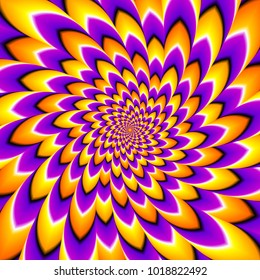 Twisted flower with orange, purple and yellow spirals. Optical expansion illusion.
