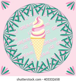 Twisted fruit and lemon ice cream on a decorated pink tropical background