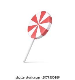 Twisted glossy lollipop red and white stripe on stick for Christmas tree decor Xmas festive celebration 3d realistic vector illustration. Bright classic sweet delicious candy bonbon isolated