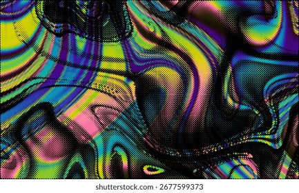 Twisted grainy gradient abstract halftone background, color blending effect, aesthetic texture. Halftone retro grunge effect. Dark psychedelic vector background