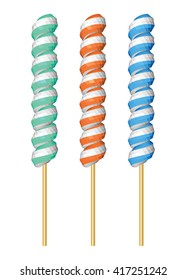 Twisted Green Orange and Blue Candies on Stick on White. Colored Unicorn Lollipops Isolated on White Background. Low Poly Vector Illustration.