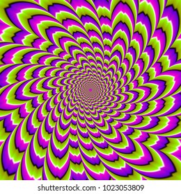 Twisted green, pink and purple flower.  Spin illusion.