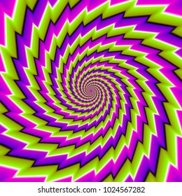 Twisted green, pink and purple spirals. Motion illusion.