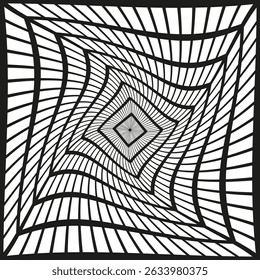 Twisted grid shape. Black white illusion. Perspective tunnel form. Vector lines.