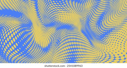 Twisted Halftone with Vibrant Blue and Yellow Waves. Bold and flowing pattern perfect for energetic and modern, technology, music designs.