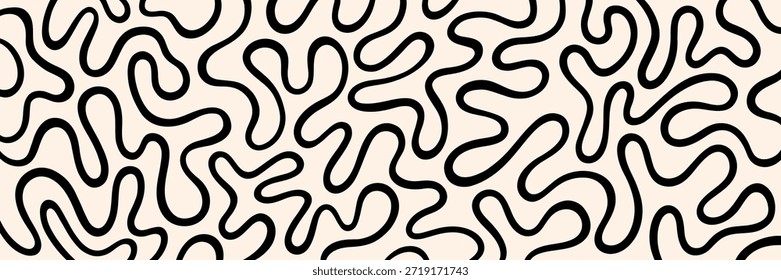 Líneas trenzadas dibujadas a mano, fluidas, curvas, rayas onduladas, ondas abstractas 1:3 fondo moderno en blanco y negro de moda. Líquido, funky laberinto caótico laberinto ornamento, groovy hippie 60s 70s patrón, Anuncio surrealista. Doodle desigual ondulada línea orgánica sin fin. 