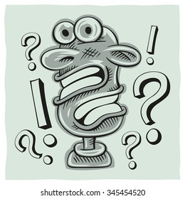 Twisted head of a shocked man surrounded by question and exclamation marks