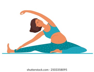 Twisted Head-to-Knee Pose. Pregnant Woman wear blue sportswear practising yoga on mat. Fitness exercise. Revolved Head to Knee pose. Women healthy life style. Prenatal Parivrtta Janu Sirsasana