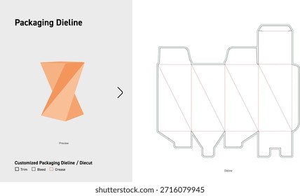 Twisted Stundenglas Box Verpackung Dieline mit diagonalen Falten Layout