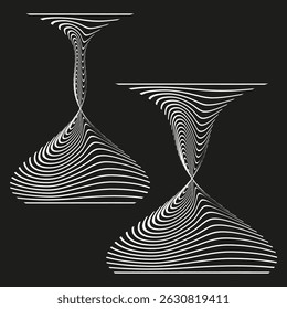 Twisted hourglass shape. Wavy symmetric figure. Black contour contrast. Vector structure curve.
