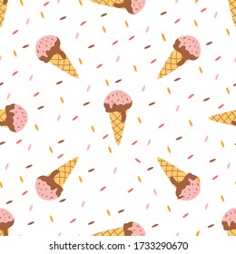 Twisted ice cream cone. Stylized ice cream seamless pattern. Summer sweet dessert background with drops Vector