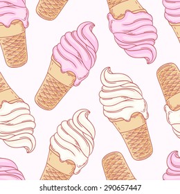 Twisted Ice Cream Cone. Stylized Seamless Pattern. Vector Illustration. Sweet Dessert Background With Drops