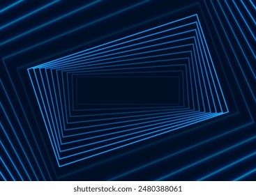 Twisted into a spiral bright blue neon rectangles futuristic tech background. Geometry laser effect vector design