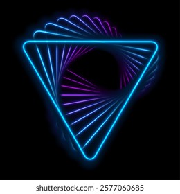 Twisted into a spiral bright blue purple neon triangles futuristic tech background. Geometry laser effect vector design