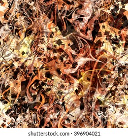 Twisted into a spiral wavy lines, squares and scratches randomly mixed. Abstract seamless background. Easy editable pattern. Vector. The effect of watercolors and blur