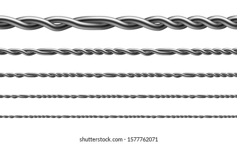 Twisted Iron Wire Seamless Pattern Set Vector. Collection Of Aligned Metallic Wire, Standard Fencing Technology For Enclosing Cattle And Attach To Wooden Posts. Template Realistic 3d Illustrations