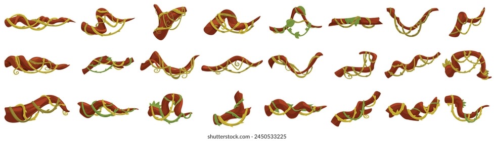 Twisted jungle plant vines icons set cartoon vector. Liana branch. Game design