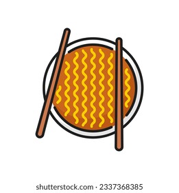 Twisted korean instant noodles with chopsticks in bowl isolated ramen soup line icon. Vector long spaghetti pasta, chinese cuisine food