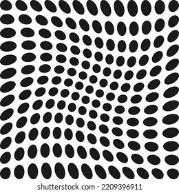 Girar el patrón de medio tono de los círculos de grandes puntos. Una disposición de formas circulares negras distorsionadas con un giro. Aislado sobre un fondo blanco.