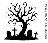 A twisted, leafless tree looms over gravestones and crosses, forming a stark, eerie cemetery silhouette that evokes mystery, death, and gothic Halloween vibes.