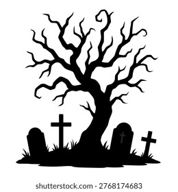 A twisted, leafless tree looms over gravestones and crosses, forming a stark, eerie cemetery silhouette that evokes mystery, death, and gothic Halloween vibes.