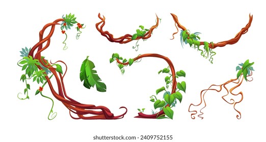 Twisted liana branch with green leaves and flowers. Cartoon vector illustration of jungle long tangled climbing plant vine with foliage. Game ui design assets of creeper ivy tree trunk with vegetation