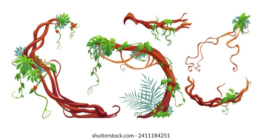 Twisted liana branch with green leaves and flowers. Cartoon vector illustration of jungle long tangled climbing plant vine with foliage. Game ui design assets of creeper ivy tree trunk with vegetation