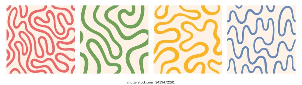 Twisted line, fluid, curved, wriggling endless stripe seamless repeat vector patterns set. Liquid, funky organic ornaments, groovy square backgrounds. Doodle, uneven hand drawn wavy, winding line