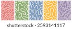 Twisted lines, fluid, curved, wiggling stripes, waves vector backgrounds set. Liquid, funky chaotic ornaments, groovy retro patterns collection. Doodle, uneven hand drawn wavy, organic winding line