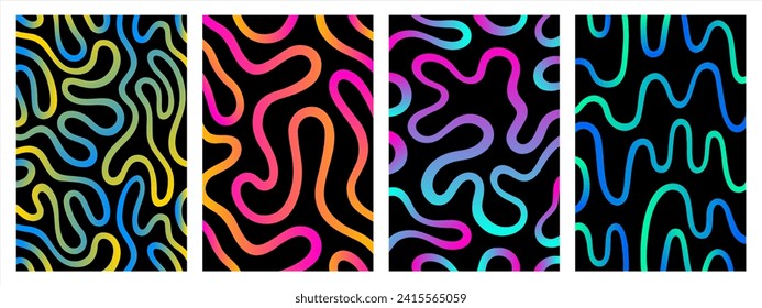 Twisted lines, fluid, curved, wiggling stripes vector backgrounds set. Liquid chaotic ornaments, colorful gradient waves patterns collection. Doodle, uneven hand drawn wavy, organic winding lines